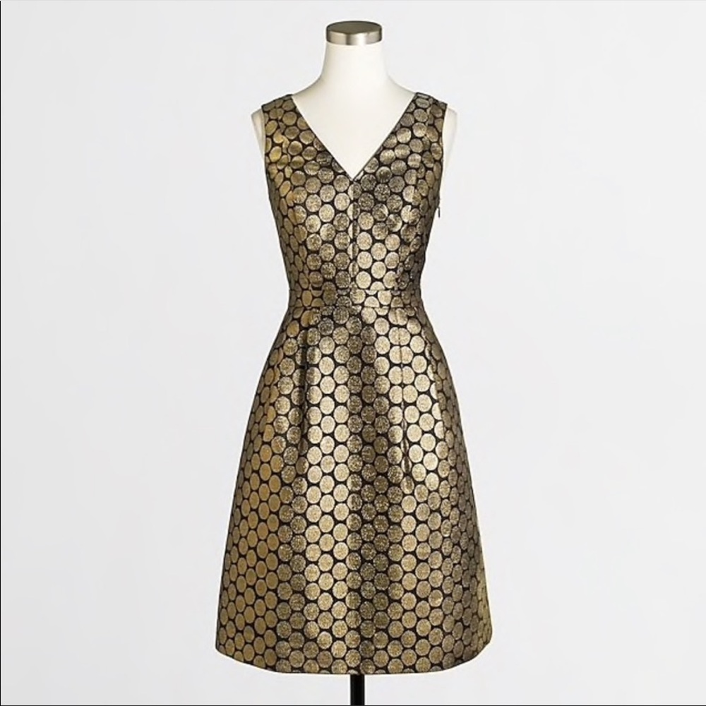 J.Crew Gold Black NWT Metallic Dot Jacquard V-Neck Evening Dress